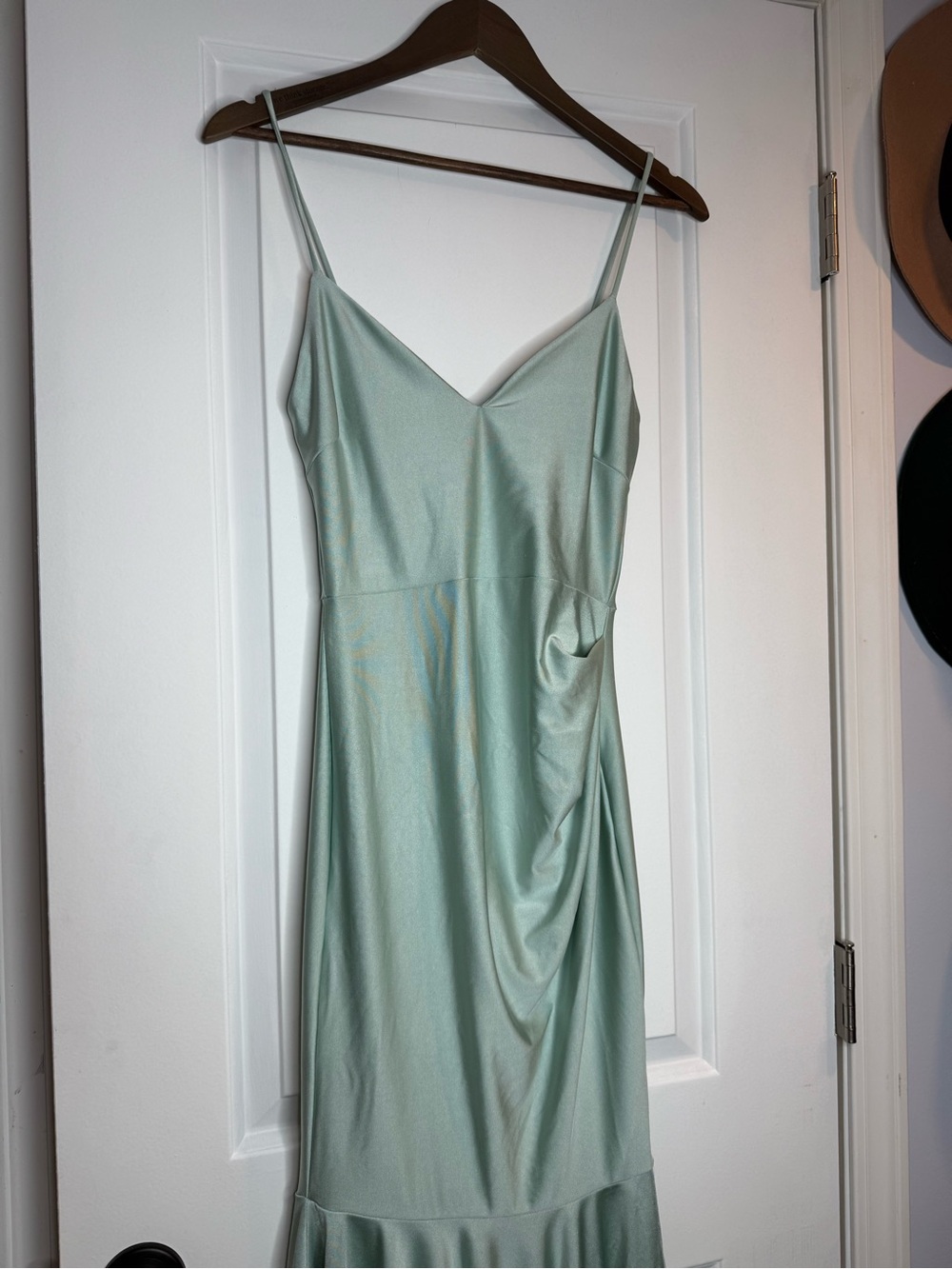 Satin Slip Midi Dress in Sea Foam Green! Side Ruching detail 💕